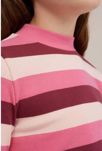 WE Fashion gestreepte longsleeve roze donkerroze Meisjes Katoen Opstaande kraag 110 116 - Foto 2
