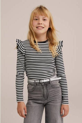WE Fashion gestreepte longsleeve roze wit Zwart Meisjes Stretchkatoen Ronde hals 122 128 - Foto 3