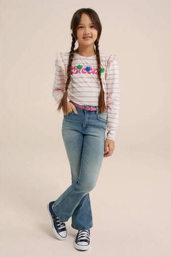 WE Fashion gestreepte longsleeve wit roze Meisjes Stretchkatoen Ronde hals 110 116 - Foto 3