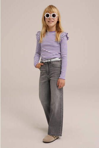 WE Fashion gestreepte longsleeve zwart wit Paars Meisjes Stretchkatoen Ronde hals 122 128