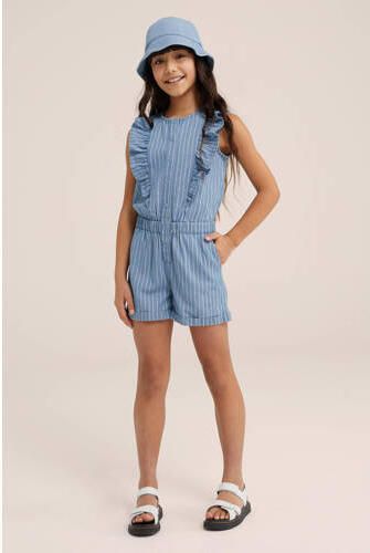 WE Fashion gestreepte playsuit light blue denim Blauw Meisjes Katoen Ronde hals 110 116 - Foto 2