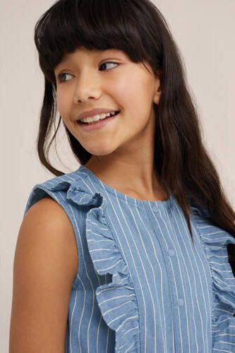WE Fashion gestreepte playsuit light blue denim Blauw Meisjes Katoen Ronde hals 110 116 - Foto 3
