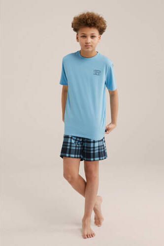 WE Fashion gestreepte shortama blauw Jongens Stretchkatoen Ronde hals Streep 134 140 - Foto 2