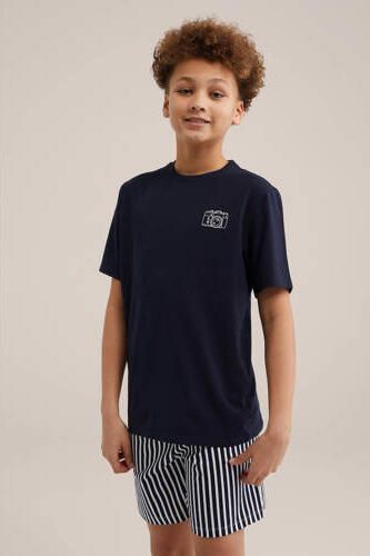 WE Fashion gestreepte shortama blauw Jongens Stretchkatoen Ronde hals Streep 134 140 - Foto 3