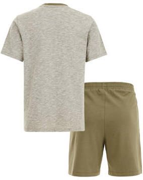 WE Fashion gestreepte shortama kaki Groen Jongens Stretchkatoen Ronde hals 110 116