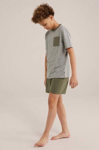 WE Fashion gestreepte shortama kaki Groen Jongens Stretchkatoen Ronde hals 110 116 - Foto 3