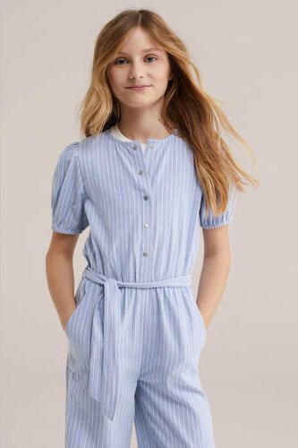 WE Fashion gestreepte Straight jumpsuit lichtblauw Meisjes Katoen Ronde hals