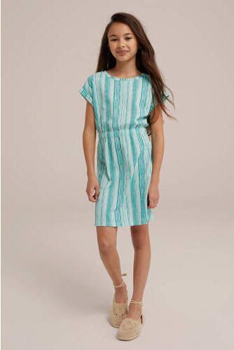 WE Fashion gestreepte T-shirtjurk petrol groen lichtblauw Meisjes Polyester Ronde hals 158 164 - Foto 3