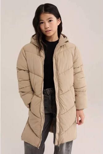 WE Fashion gewatteerde winterjas beige Meisjes Polyamide Capuchon Effen