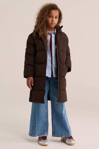 WE Fashion gewatteerde winterjas donkerbruin Meisjes Polyester Capuchon