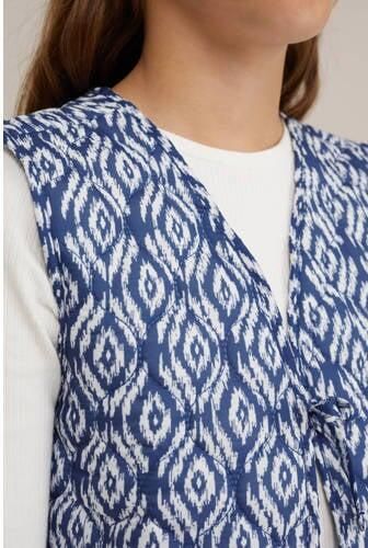 WE Fashion gilet met all over print blauw wit Meisjes Polyester V-hals 110 116