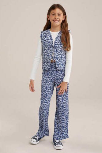 WE Fashion gilet met all over print blauw wit Meisjes Polyester V-hals 110 116 - Foto 2