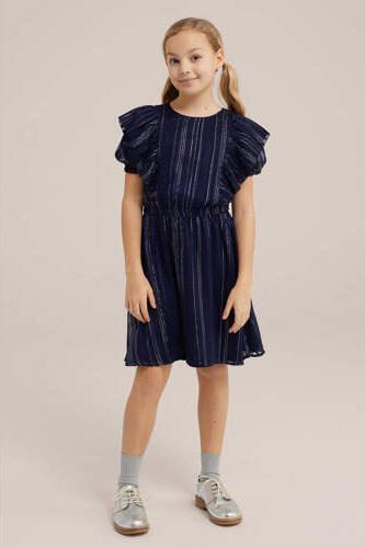 WE Fashion jurk donkerblauw Meisjes Polyester Ronde hals Effen 110 116 - Foto 3