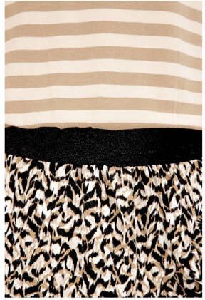 WE Fashion jurk met all over print beige multicolor Meisjes Stretchkatoen Ronde hals 158 164