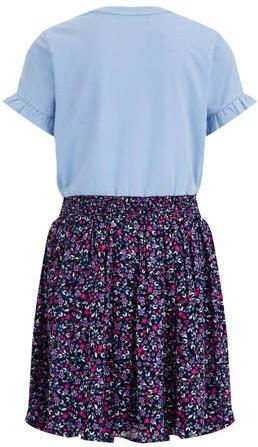 WE Fashion jurk met all over print blauw roze Meisjes Stretchkatoen Ronde hals 110 116
