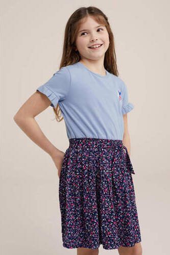 WE Fashion jurk met all over print blauw roze Meisjes Stretchkatoen Ronde hals 110 116 - Foto 2