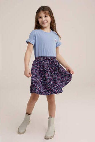 WE Fashion jurk met all over print blauw roze Meisjes Stretchkatoen Ronde hals 110 116 - Foto 3