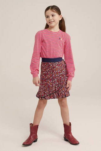 WE Fashion jurk met all over print en borduursels multicolor Roze Meisjes Katoen Ronde hals 110 116