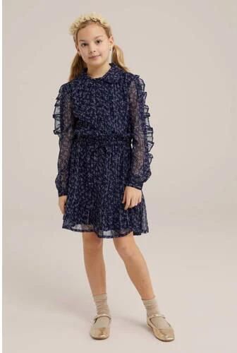 WE Fashion jurk met all over print en glitters donkerblauw Meisjes Gerecycled polyester Klassieke kraag 92 - Foto 2