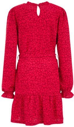 WE Fashion jurk met all over print en plooien rood Meisjes Polyester Ronde hals 134 140 - Foto 3