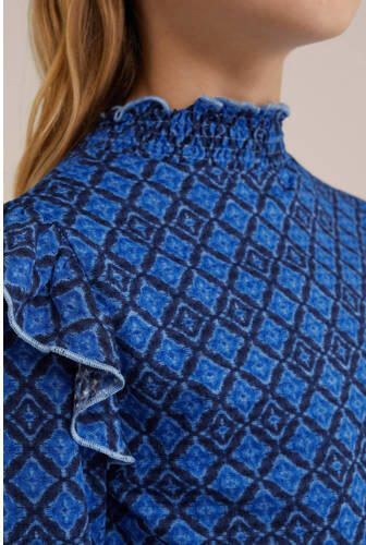 WE Fashion jurk met all over print en ruches blauw Meisjes Polyester Ronde hals 110 116 - Foto 2