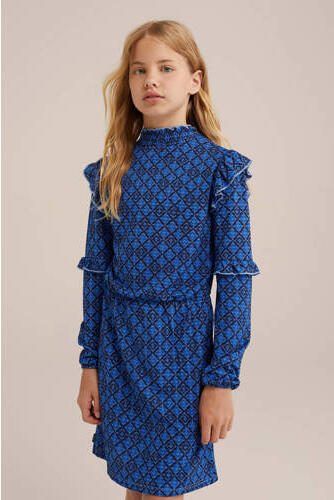 WE Fashion jurk met all over print en ruches blauw Meisjes Polyester Ronde hals 110 116 - Foto 3