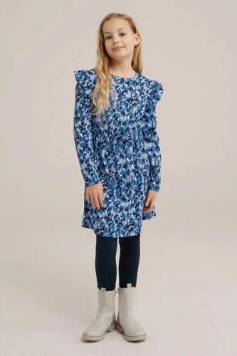 WE Fashion jurk met all over print en ruches blauw lila zwart Meisjes Katoen Ronde hals 110 116