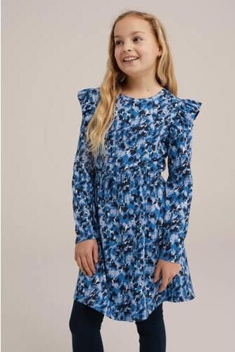 WE Fashion jurk met all over print en ruches blauw lila zwart Meisjes Katoen Ronde hals 110 116 - Foto 3