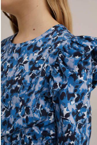 WE Fashion jurk met all over print en ruches blauw lila zwart Meisjes Katoen Ronde hals 110 116 - Foto 2