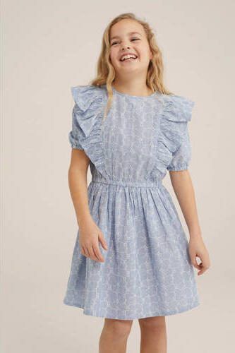 WE Fashion jurk met all over print en ruches lichtblauw Meisjes Katoen Ronde hals 110 116