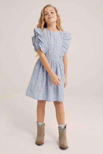 WE Fashion jurk met all over print en ruches lichtblauw Meisjes Katoen Ronde hals 110 116 - Foto 2