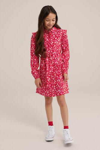 WE Fashion jurk met all over print en ruches rood roze Meisjes Viscose Klassieke kraag 134 140