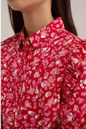 WE Fashion jurk met all over print en ruches rood roze Meisjes Viscose Klassieke kraag 134 140 - Foto 2