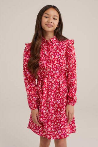 WE Fashion jurk met all over print en ruches rood roze Meisjes Viscose Klassieke kraag 134 140 - Foto 3