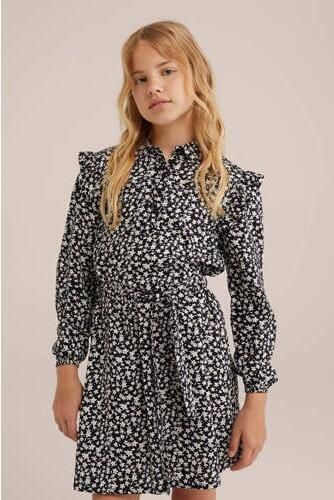 WE Fashion jurk met all over print en ruches rood roze Zwart Meisjes Viscose Klassieke kraag 110 116 - Foto 2
