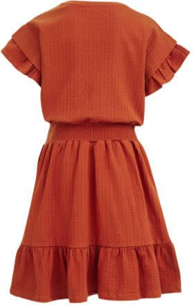 WE Fashion jurk met all over print en ruches terra Oranje Meisjes Stretchkatoen Ronde hals 134 140