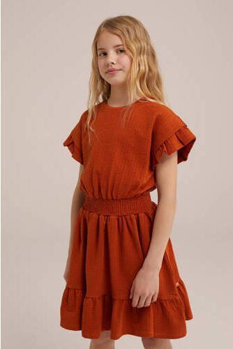 WE Fashion jurk met all over print en ruches terra Oranje Meisjes Stretchkatoen Ronde hals 134 140 - Foto 2