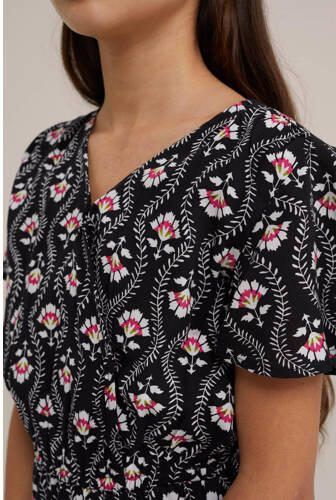 WE Fashion jurk met all over print en ruches zwart Meisjes Viscose V-hals 110 116