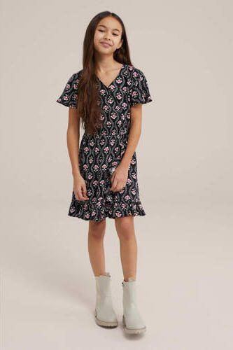 WE Fashion jurk met all over print en ruches zwart Meisjes Viscose V-hals 110 116 - Foto 2