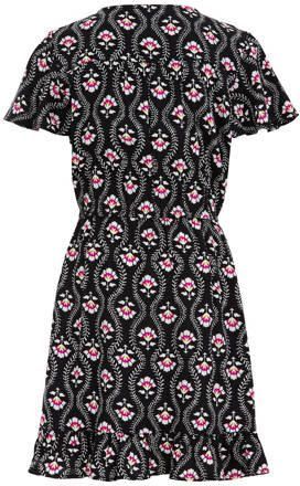 WE Fashion jurk met all over print en ruches zwart Meisjes Viscose V-hals 110 116 - Foto 3
