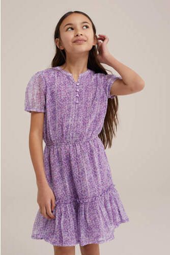 WE Fashion jurk met all over print paars lila zilver Meisjes Polyester Ronde hals 170 176