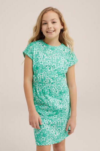 WE Fashion jurk met bladprint groen Meisjes Stretchkatoen Ronde hals Blad 122 128 - Foto 2