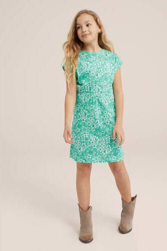 WE Fashion jurk met bladprint groen Meisjes Stretchkatoen Ronde hals Blad 122 128 - Foto 3