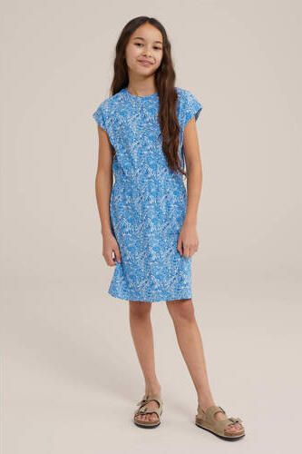 WE Fashion jurk met paisleyprint blauw wit Meisjes Stretchkatoen Ronde hals 110 116