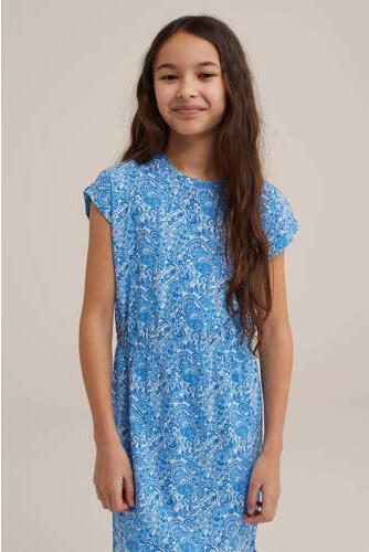 WE Fashion jurk met paisleyprint blauw wit Meisjes Stretchkatoen Ronde hals 110 116 - Foto 3