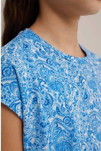 WE Fashion jurk met paisleyprint blauw wit Meisjes Stretchkatoen Ronde hals 110 116 - Foto 2