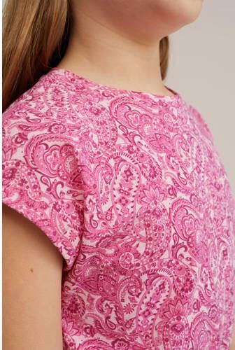 WE Fashion jurk met paisleyprint roze wit Meisjes Stretchkatoen Ronde hals 146 152 - Foto 2