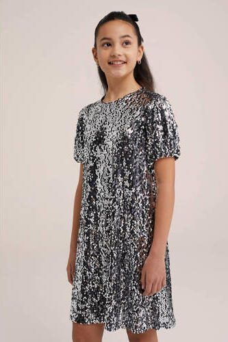 WE Fashion jurk zilver Meisjes Polyester Ronde hals Effen 134 140 - Foto 2