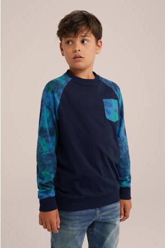 WE Fashion longsleeve blauw groen Jongens Katoen Ronde hals Meerkleurig 158 164