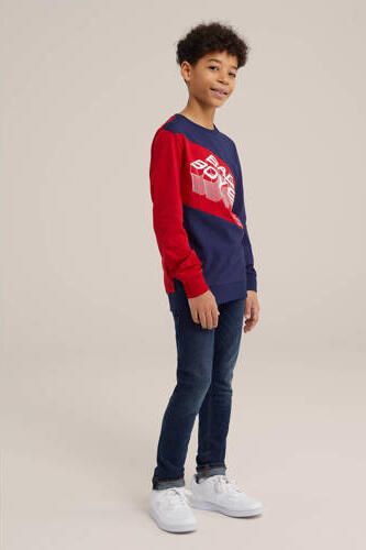 WE Fashion longsleeve donkerblauw rood Jongens Katoen Ronde hals Meerkleurig 110 116